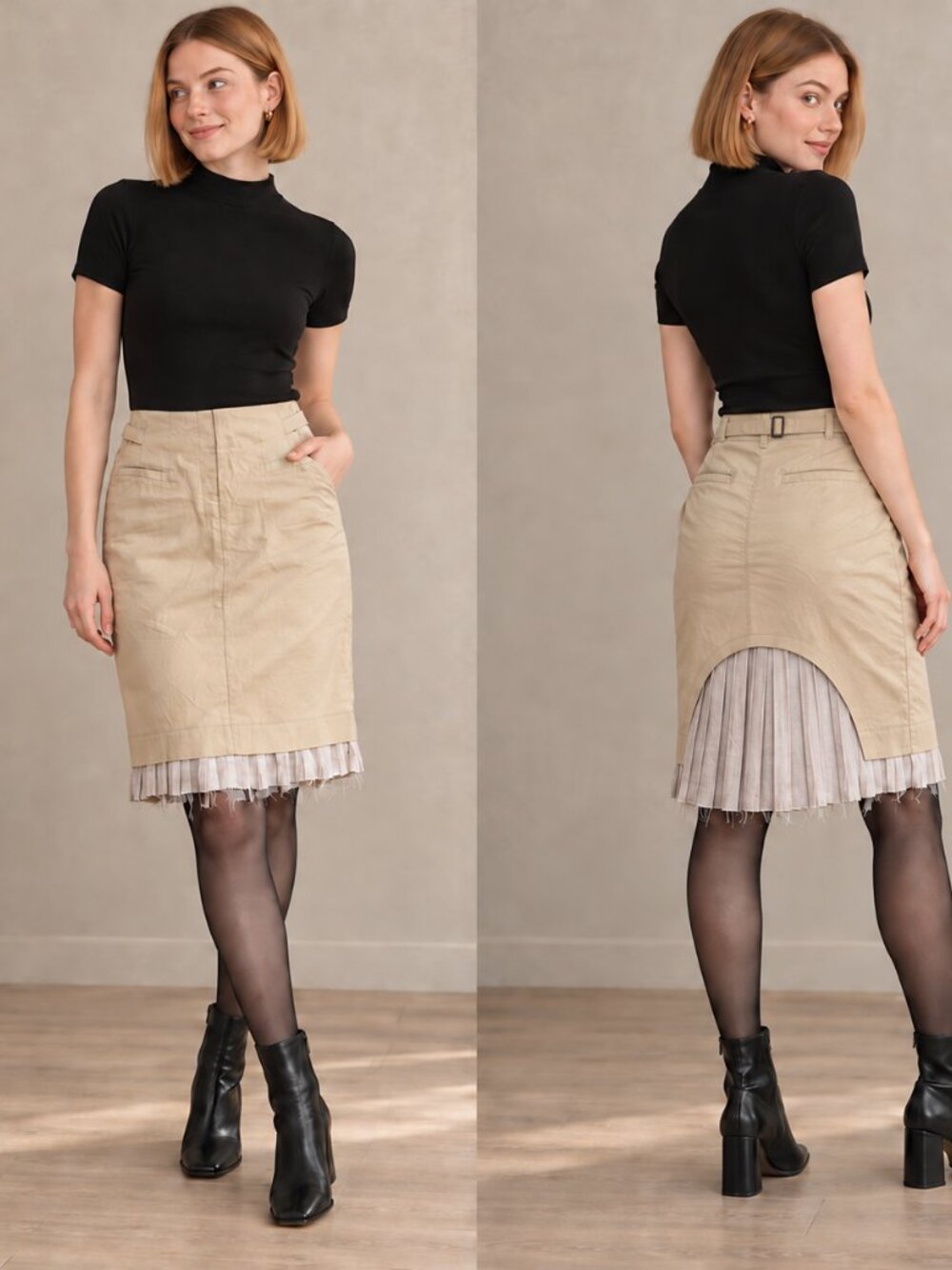 Phillipe  Dubuc beige skirt pleats buckle distressed SZ36 4-6 (S) EUC
